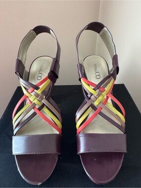 Nine & Co. Multicolor Strappy Heels — Brown, Yellow, Red
